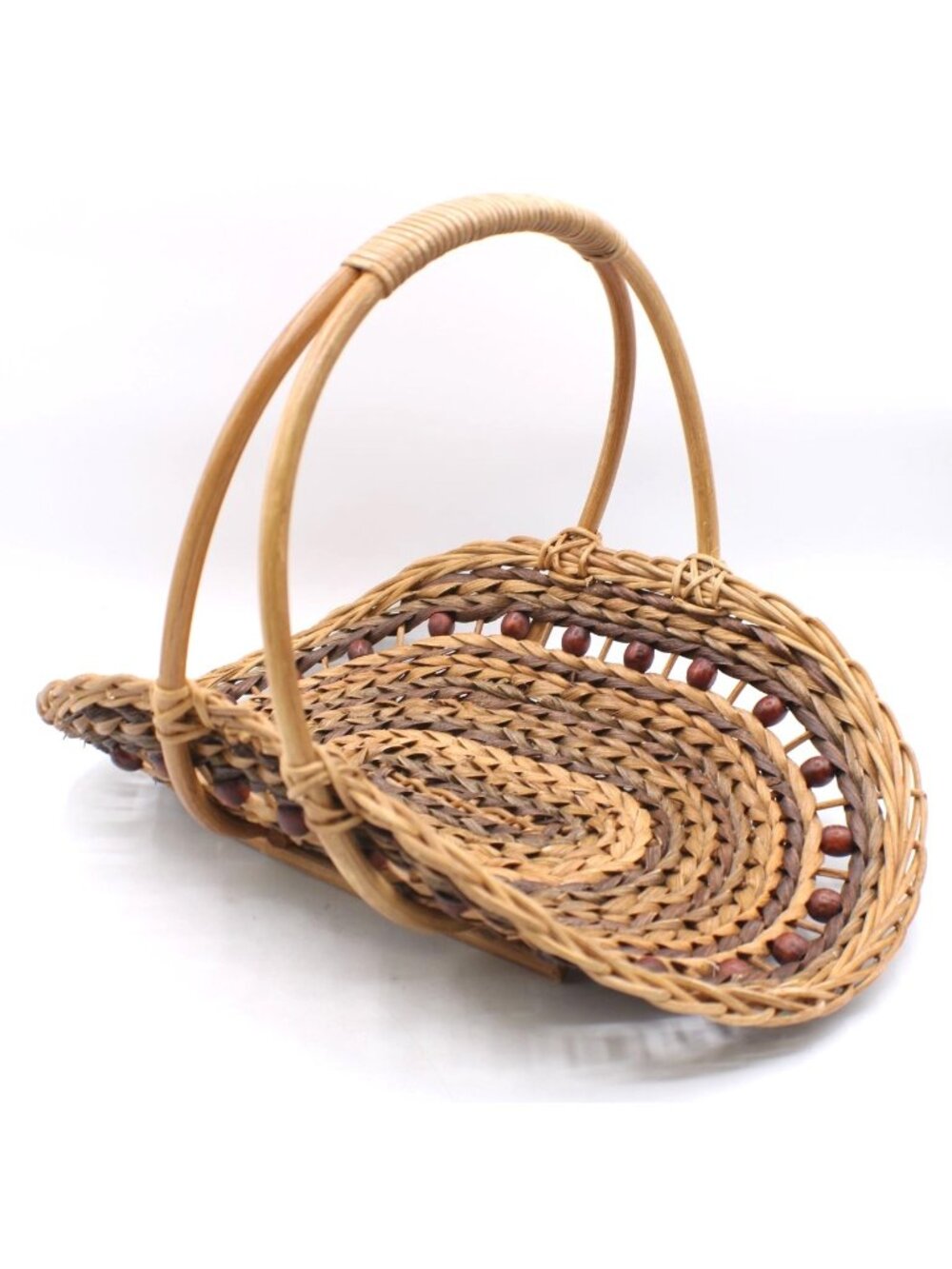 Handwoven Flower Basket Wicker Basket Bead Accent Handle Garden Trug Cottagecore